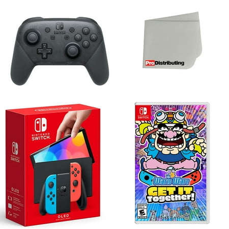 Nintendo Switch OLED Console Neon Red & Blue with Extra Wireless Controller, WarioWare: Get It Together! and Screen Cleaning Cloth