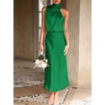 thumbnail image 4 of Emerald Green Satin Sleeveless Cowl Neck Midi Cocktail Dress, 4 of 30