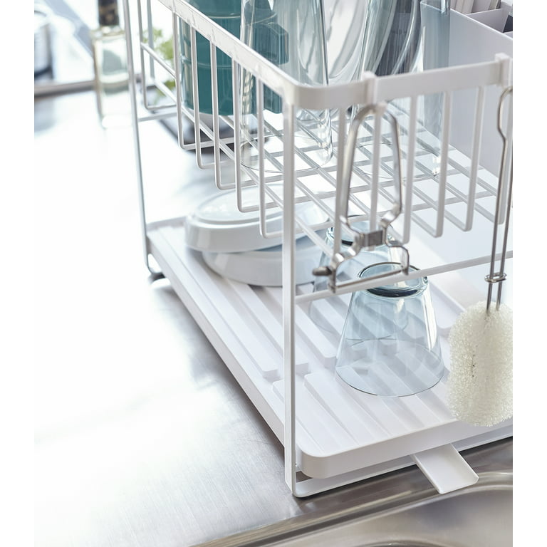 Yamazaki Home Two-Tier Dish Rack, White, Steel, Supports 28.6 pounds,  Adjustable, Draining Spout, Drain Stopper, Utensil Holder, Water Resistant,  No Assembly 