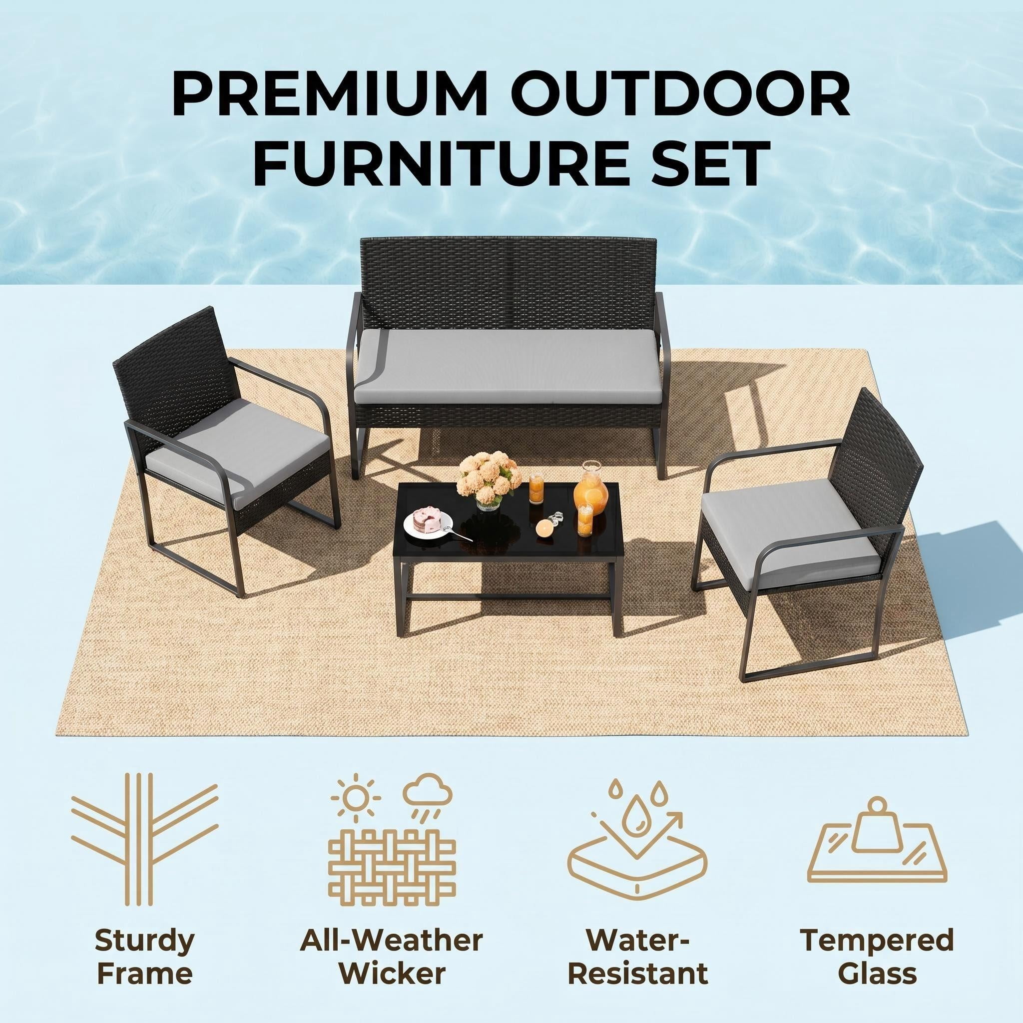 Lofka Patio Furniture Set, 4-Piece Outdoor Sectional Furniture Set with Coffee Table for Conversation & Dining, Gray Rattan
