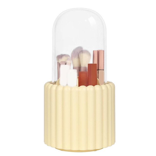 Makeup Brush Organizer, 360 Degree Rotatable Round Spinning Makeup Brush Holder with Lid Brush Storage Box Containers A