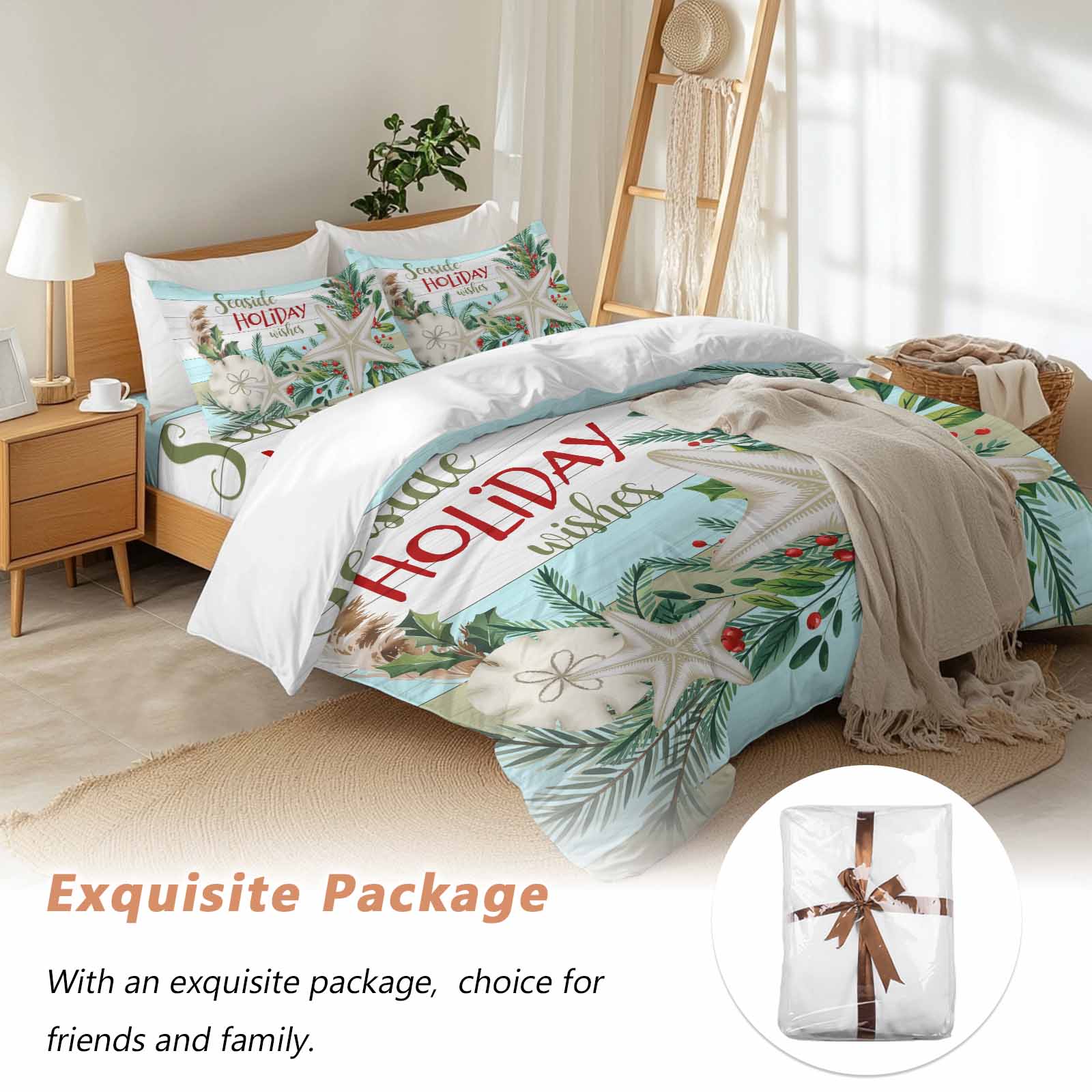 Seaside Holiday Wishes Bedding Duvet Cover Set King Size 4 Pieces Christmas Starfish Holly Wooden Grain Bedding Set with Zipper Closure, 1 Comforter Cover 92x106 Inches 1 Flat Sheet & 2 Pillow Cases