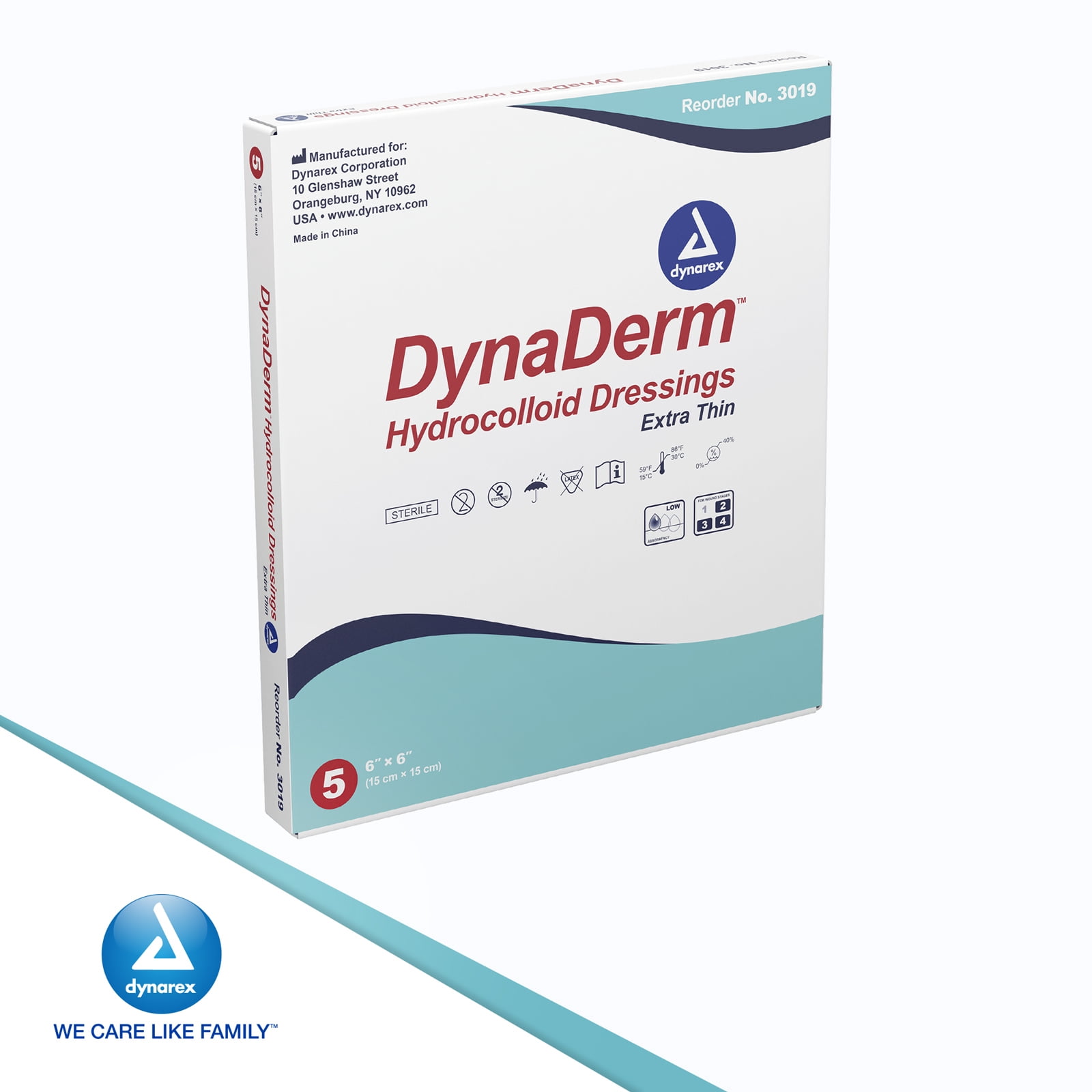 Dynarex DynaDerm Hydrocolloid Dressings, Sterile Moist Bandages Used for All Kinds of Wounds, 6" x 6", X-Thin & Latex-Free, Peel-Down Patches - 1 Box of 5 Dressings