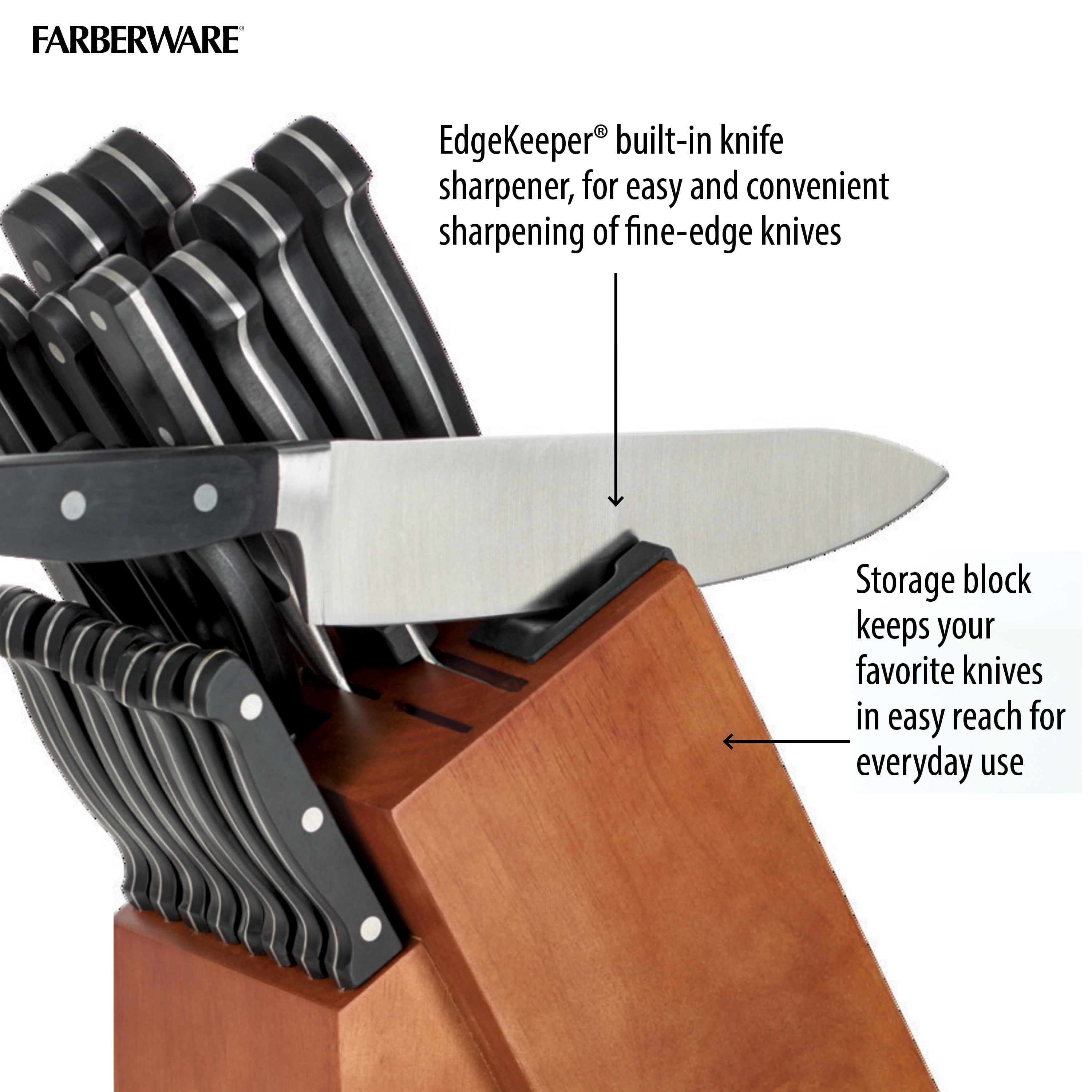 Farberware Knife Block 21 Piece Never Dull Kitchen Set Stainless Steel. ***