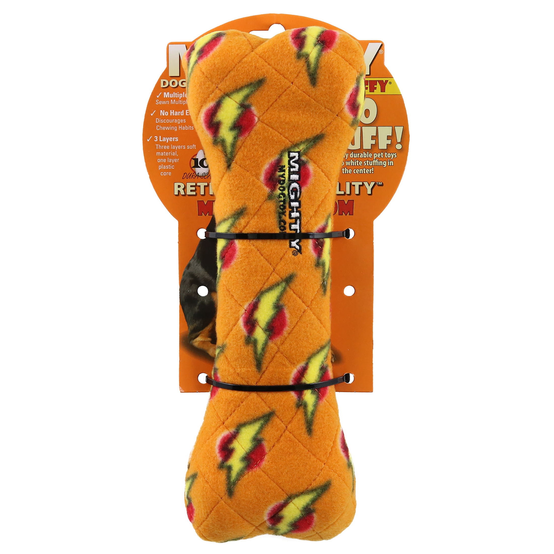 Mighty Bone Orange Durable Squeaky Plush No Stuff Dog Toy