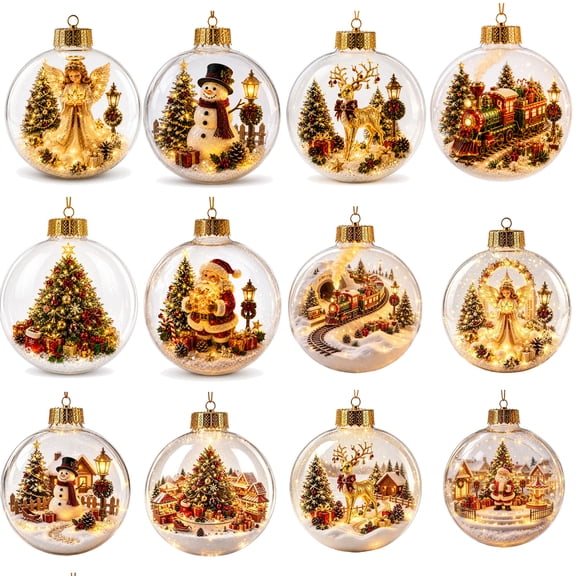 12PCS Glowing Christmas Ornaments - Mini Gold Light-Up Christmas Ball Ornaments - Christmas Tree Ornament with Warm LED Light for Tree Mantel, Holiday Scene Decoration & Gift