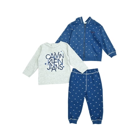 Calvin Klein Baby Boy's 3-PC Logo-Print Hoodie/T-Shirt/Pants Set(18M, Blue/Grey)