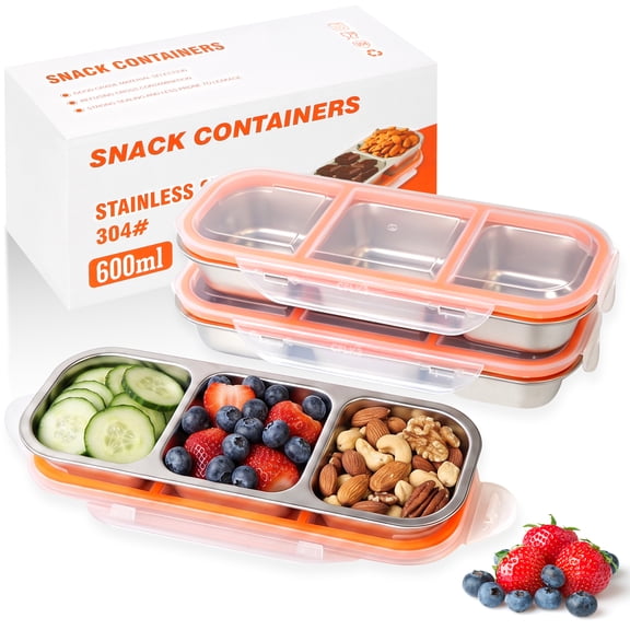 Aovky 3 Pack Stainless Steel Snack Containers, Reusable 3 Compartment Snack Containers with Lids, Divided Food Storage Container, Stackable Metal Lunch Box for Office Travel Outdoor Camping