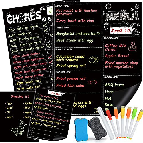 Magnetic Dry Erase Menu Board for Kitchen Refrigerator Set with Markers Cooking Conversion Chart & to-Do List Chalkboard Style Dinner Planning Magnet Fridge Boards 3-Pack Weekly Meal Planner 