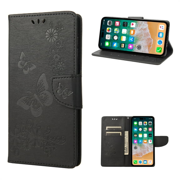 TECH CIRCLE Embossed Butterfly Case for 2022 iPhone 14 Pro (6.1") - Foldable Stand Lightweight Flip Cute Case (Black)