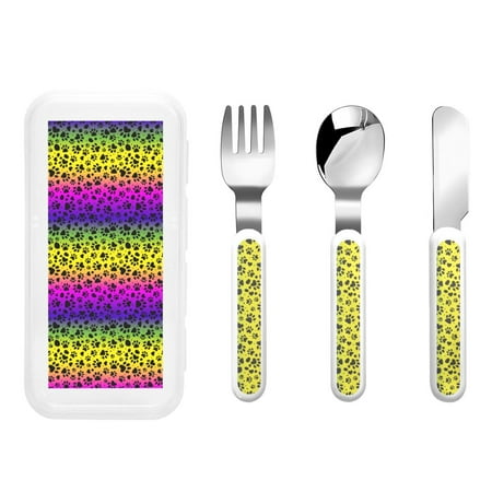 

Gaeub Animal Paw Rainbow Print 3-Piece Children Knife Spoon Fork Set Stainless Steel Child Flatware Set Kids Utensils Set with Case for Lunch Box (Fork Spoon Knife Combo)