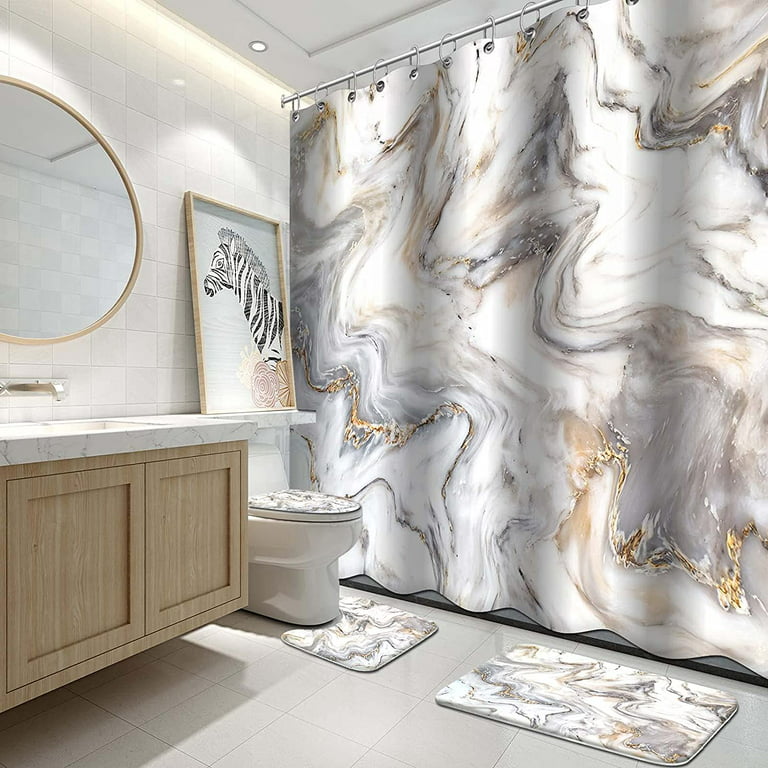 4 Pcs Shower Curtain Set Marble Black Gold Ombre Luxury Abstract