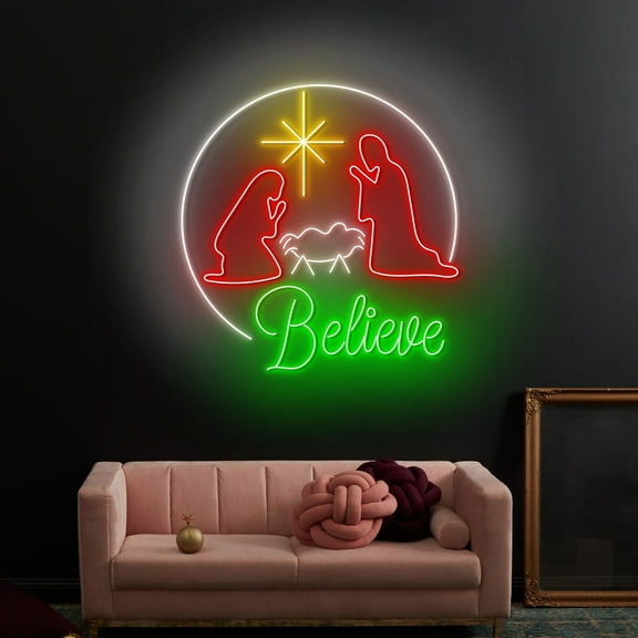 Craftnamesign Believe Nativity Scene Neon Light, Believe LED Sign, Nativity Scene Signboard