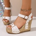 thumbnail image 2 of Womens Wedge Sandals Trendy Studded Buckle Strap Slingback Platform Heels Wedding Party Dressy Shoes Beige Size 8, 2 of 7
