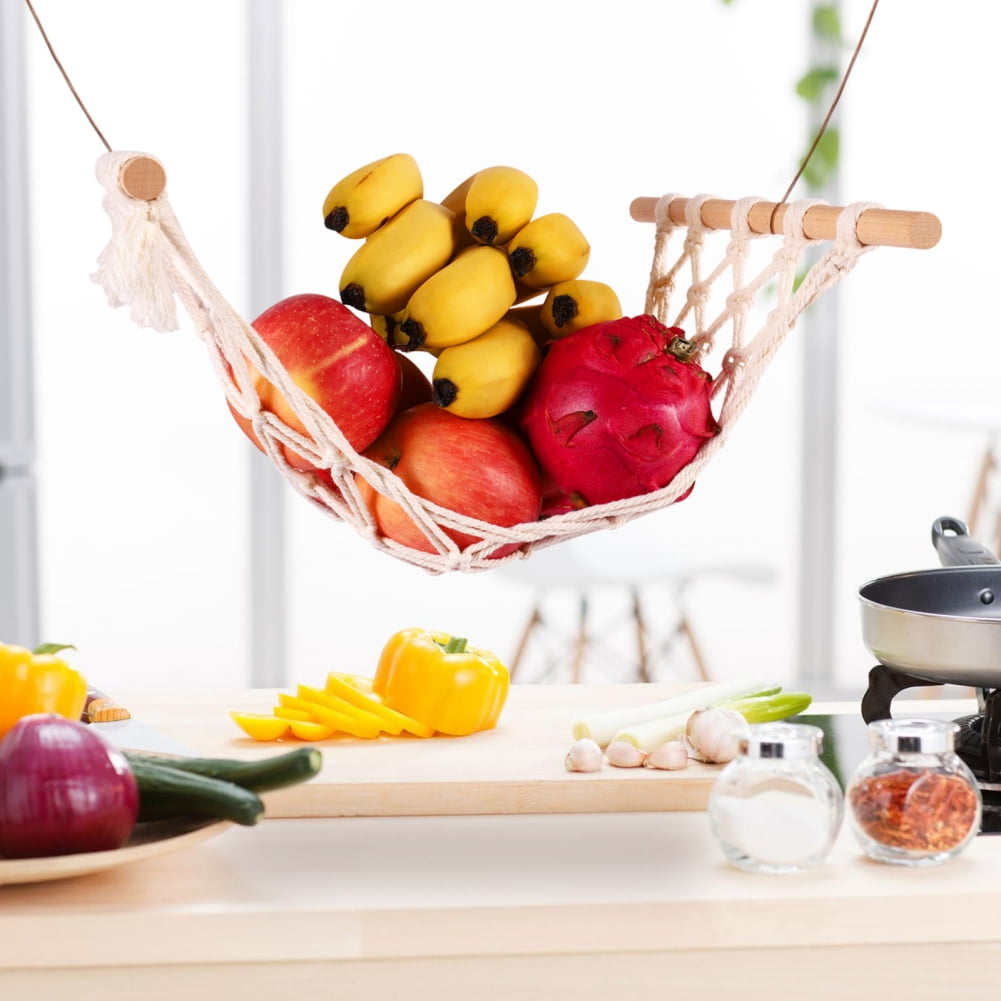 Decocove Hanging Fruit Hammock Macrame Fruit Hammock with Wood Rod