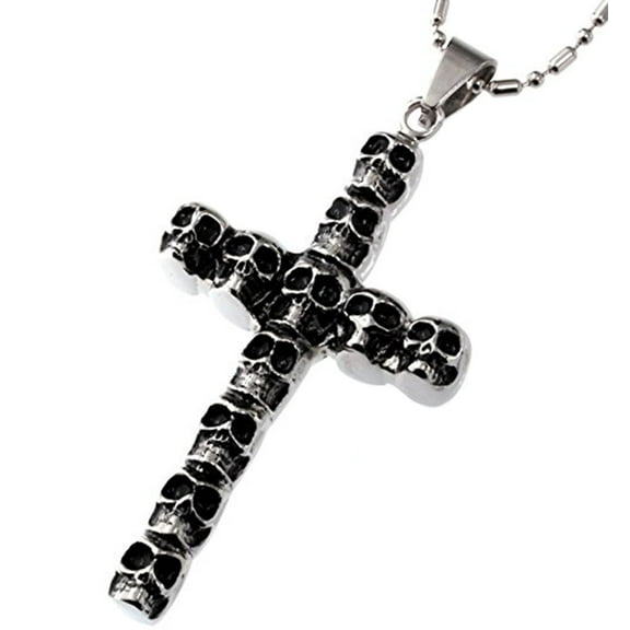R.H. Jewelry Stainless Steel Pendant, Vintage Style Skulls Cross Necklace