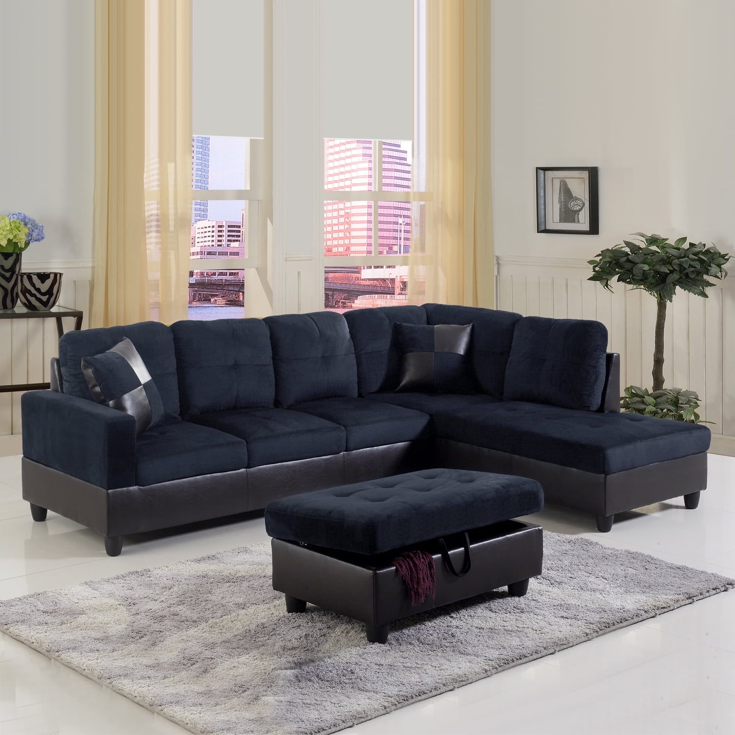 Hommoo Lint&PVC Sectional Sofa Couch Sectional Couch, L Shaped Sectional Sofa, Modern Living Room Furniture Sets, Dark Blue And Brown(No Ottoman)