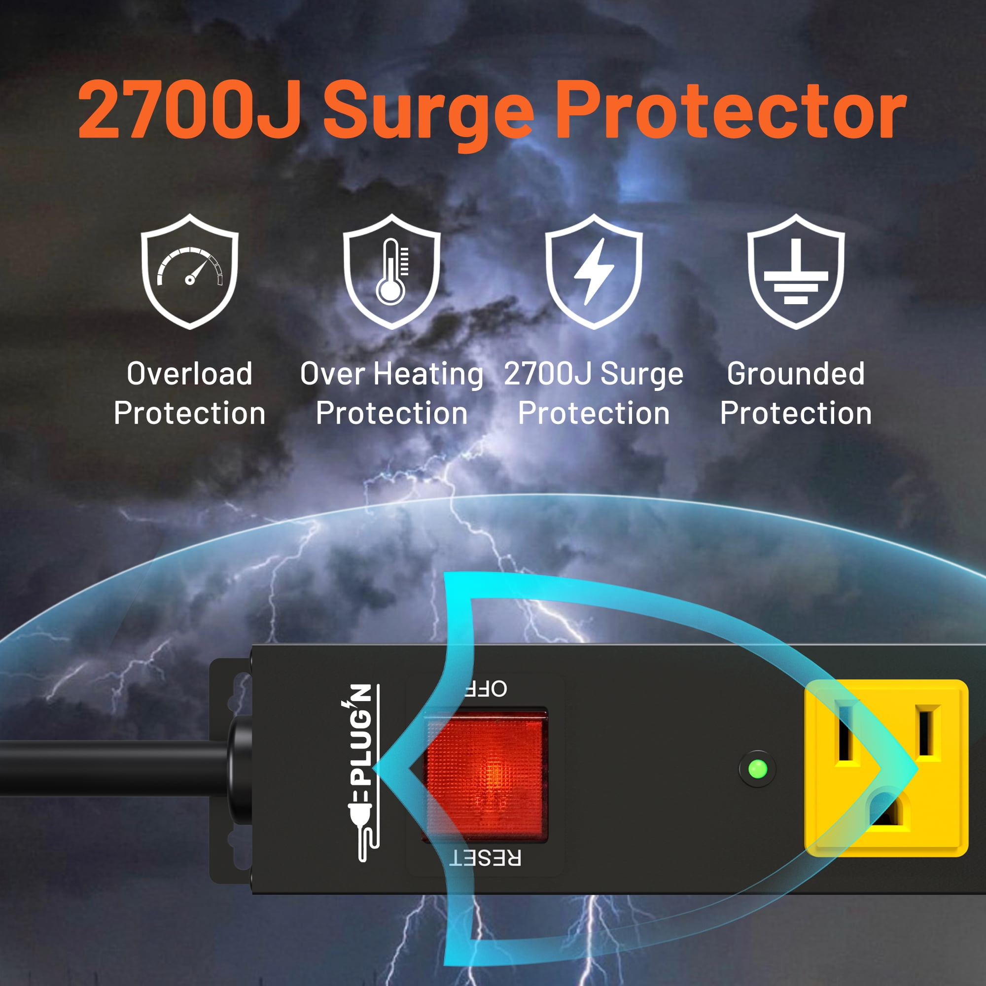 6 Outlet Power Strip 2700J Surge Protector, Heavy Duty Power Strips with Flat Plug and 6FT Long Cord, Wall Mountable Metal Outlet Strip for Desk, Garage, Workbench and Kitchen