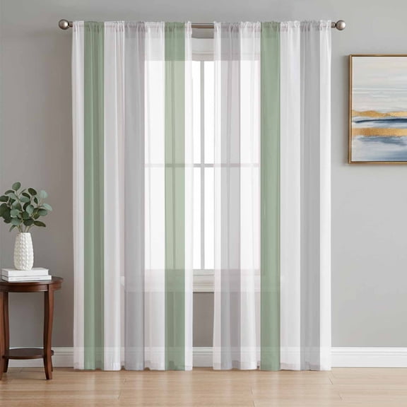 Sage Green Grey Stripe Semi Sheer Curtains 72 Inch Length 2 Panels Set, Modern Farmhouse Vertical Striped Sheer Kitchen Curtain Privacy Voile Window Curtain for Living Room Bedroom Rod Pocket Drapes
