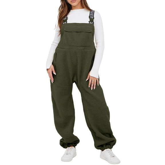 PUWEI Women's Sherpa Fleece Overalls Casual Loose Jumpsuit Adjustable Straps Bib Romper with Pockets