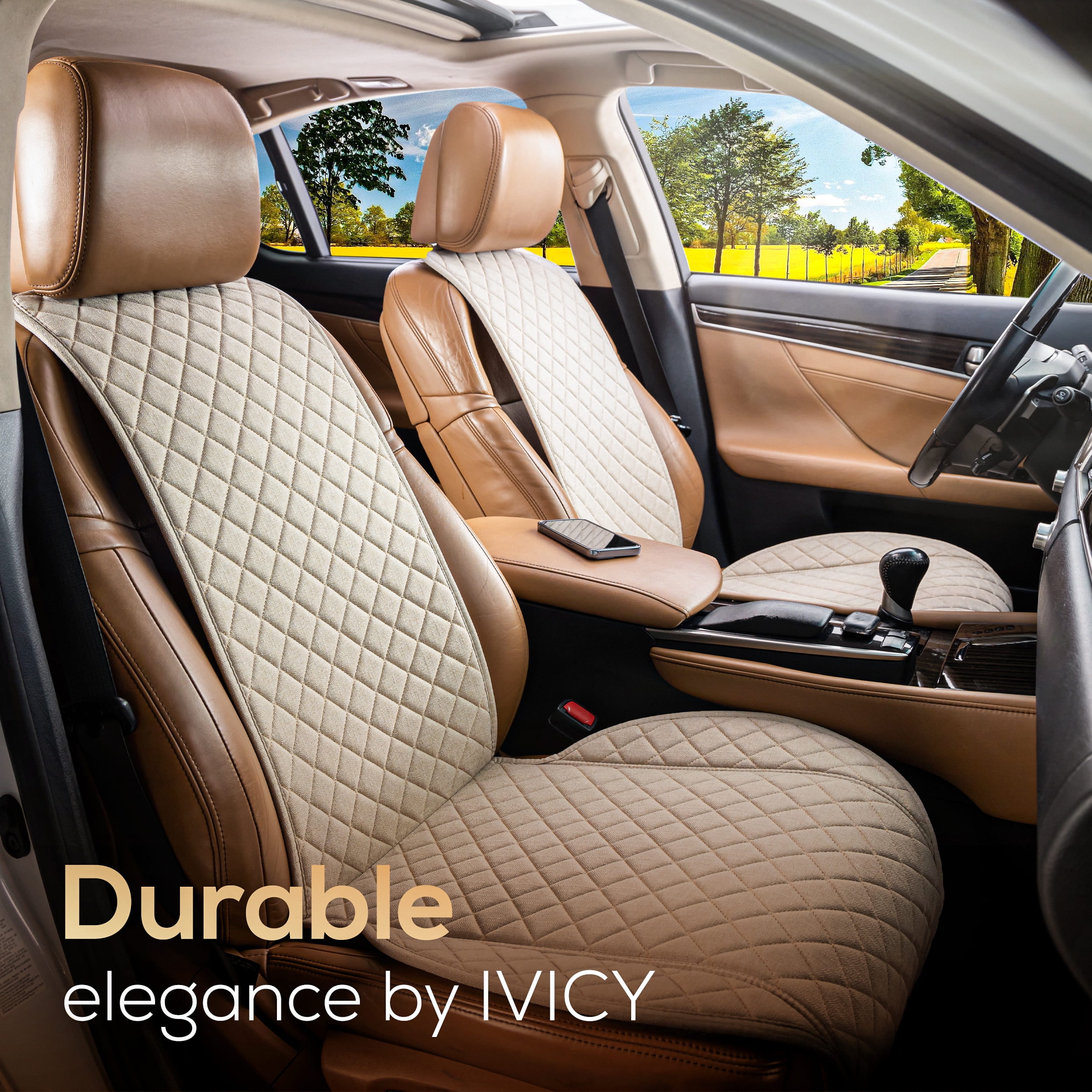 IVICY Faux Linen Front Car Seat Cover – Durable, Non-Slip Seat Protector for Cars – 1 Unit, Beige