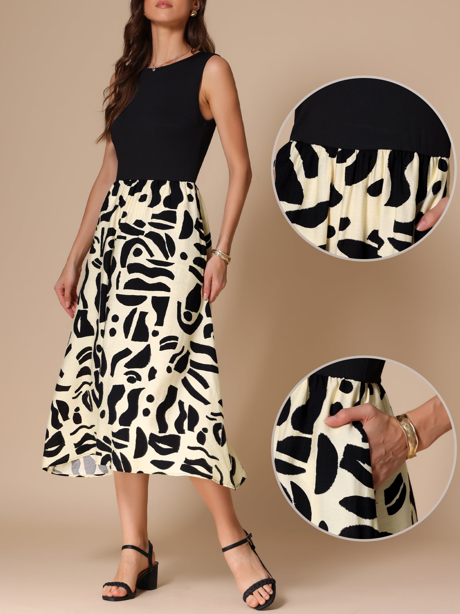 DARING DIVA Patchwork Round Neck Sleeveless Midi Dress S Black Beige