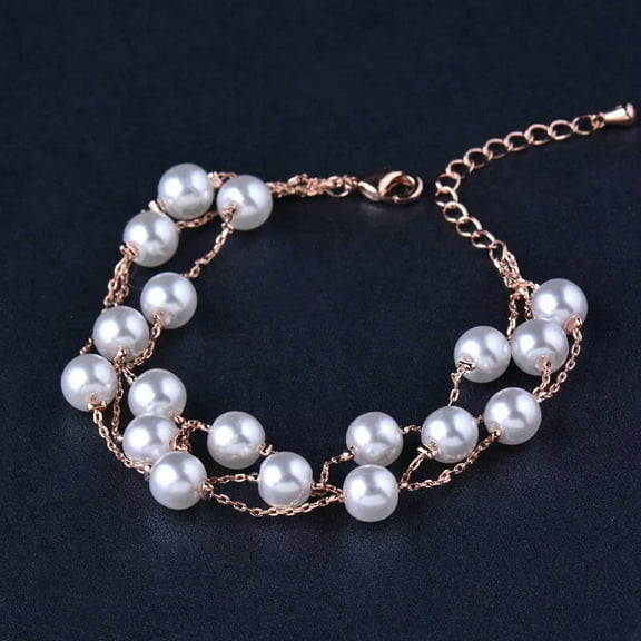 EOEMY 3 Rows Natural 6-10mm White Freshwater Baroque Pearl Bracelet Gold Chain 7.5''