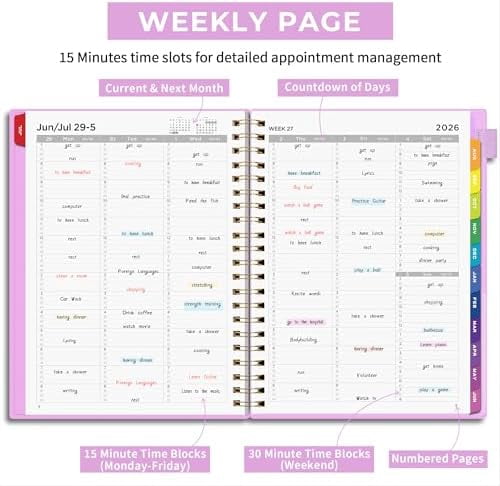 Quivanta 2026-2027 Appointment Book, A4 15-Minute Hourly Planner, July 2026 - June 2027, Academic Planner Weekly and Monthly, 100GSM Thick Paper, Flexible Cover, Note Pages, Colorful Tabs, Purple