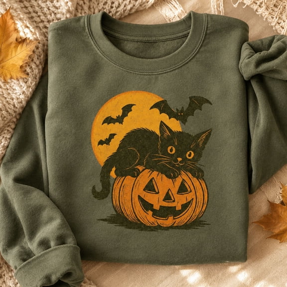 Halloween Shirt, Black Cat on Pumpkin Sweatshirt, Vintage Jack O Lantern Hoodie, Spooky Bat T-Shirt, Halloween Gift for Cat Lovers