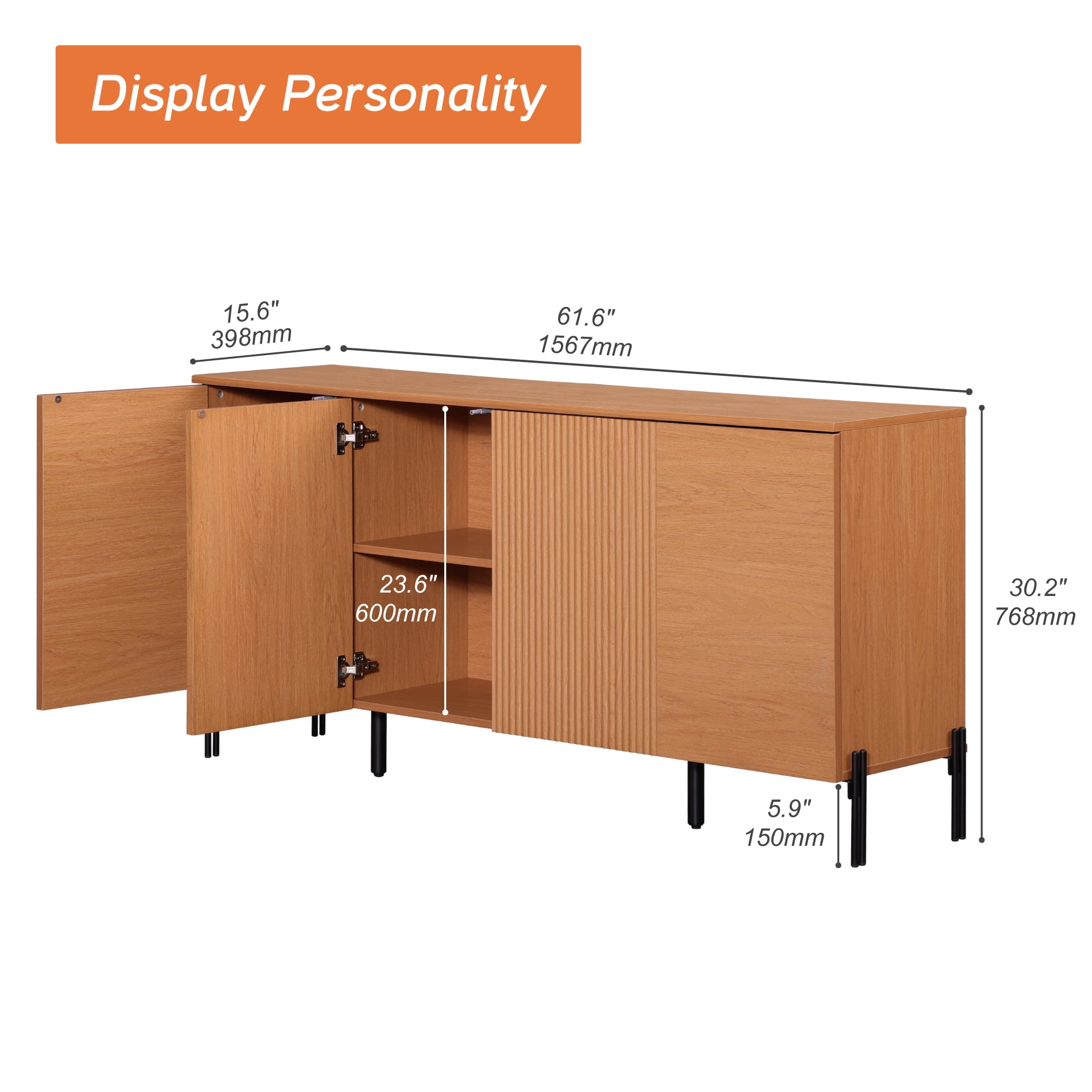 61" Minimalist 4-Door Sideboard With Rectangular Geometric Design And Double Chopstick Leg Base