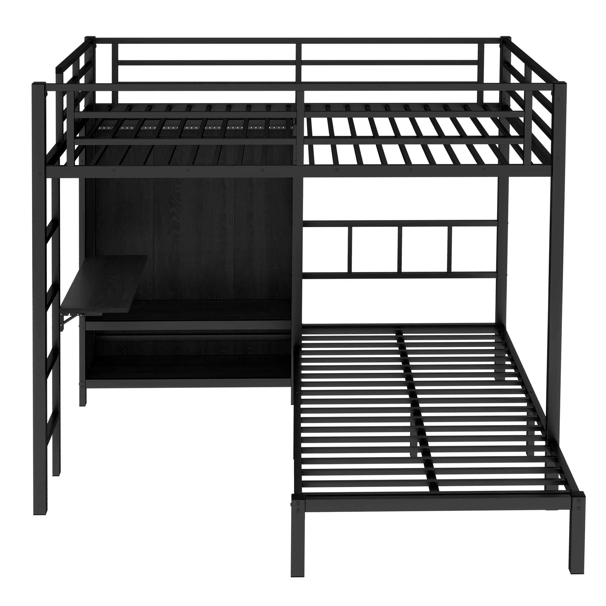 Full XL Over Twin Bunk Bed, Metal Bunk Bed Frame with Folding Desk, Closet with LED,Space-Saving/Noise Reduced, Black
