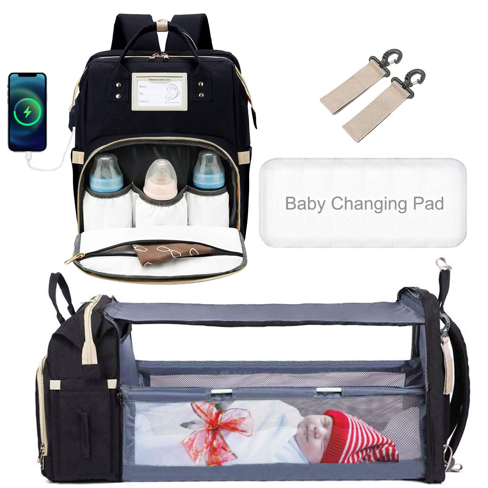 Travel Diaper Bag Backpack for Baby, Portable Waterproof Mommy Crib