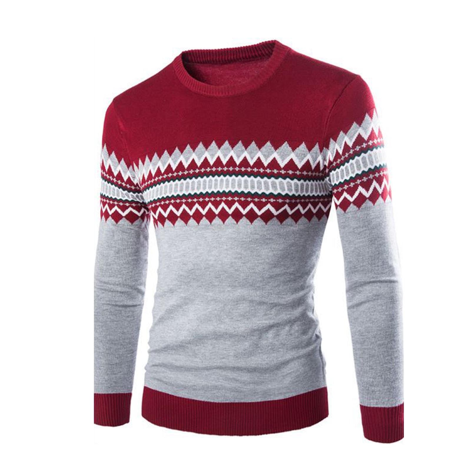 ZCFZJW Fair Isle Sweater Men Casual Round Neck Pullover Sweaters Ribbed ...
