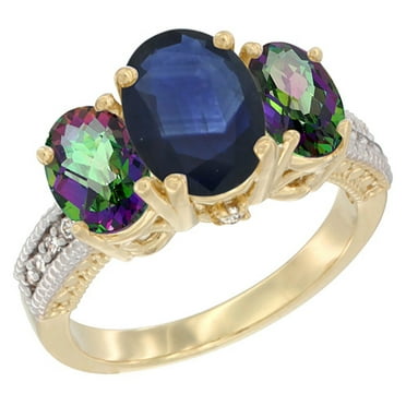 14K Yellow Gold Diamond Natural Blue Sapphire Ring 3-Stone Oval 8x6mm with Mystic Topaz, size 8.5