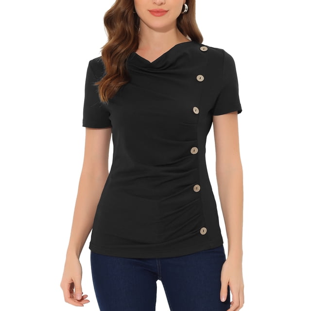 INSPIRE CHIC T-shirt Basique Décontracté pour Femmes à Col Bénitier, Manches Courtes, Décor de Boutons, devant Froncé, Noir TP