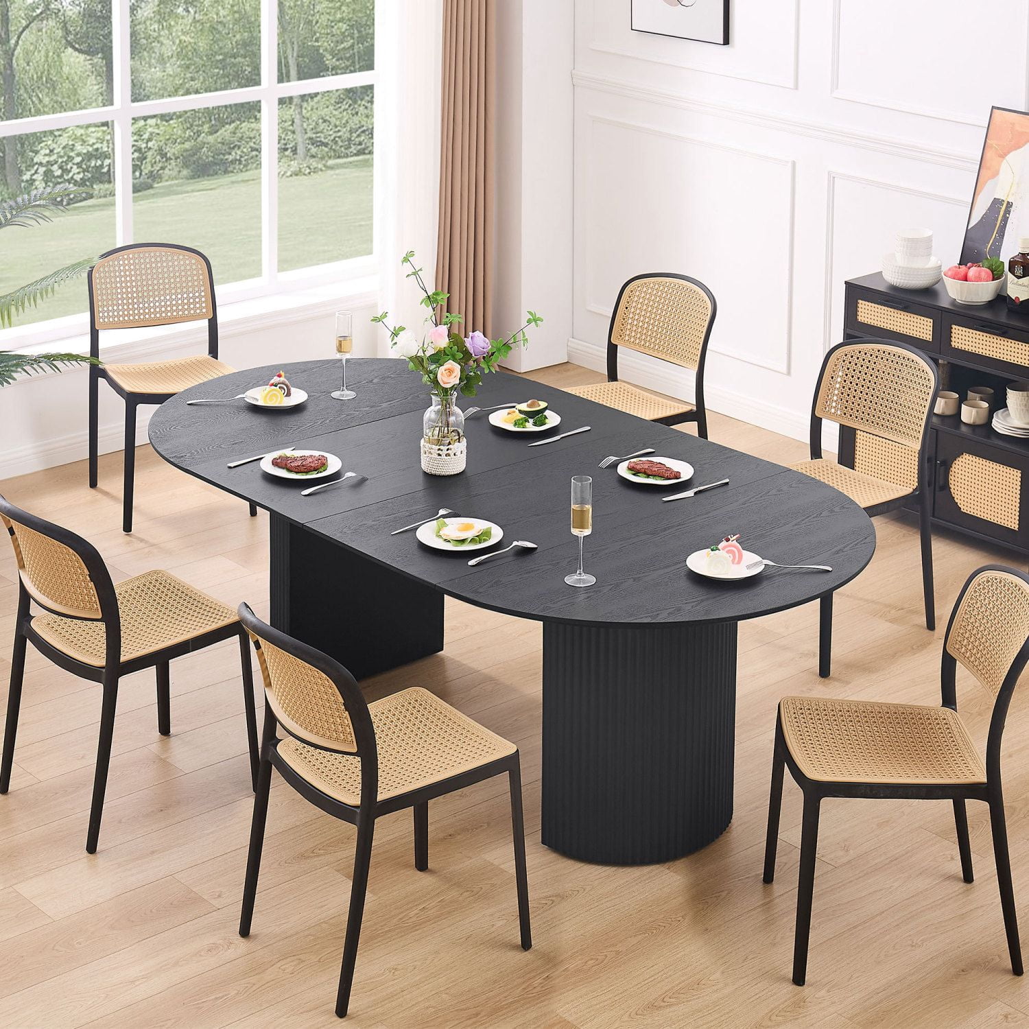 Asteroutdoor Expandable Dining Table, Solid Top Extending Table for Kitchen, Dining, Living Room, Black