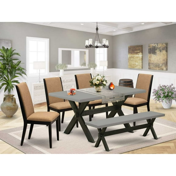 East West Furniture X696LA147-6 6-Piece Stylish Dining Table Set an Excellent Cement Color Dining Table Top and Cement Color Dining Room Bench and 4 Excellent Linen Fabric Kitchen Parson Chairs...