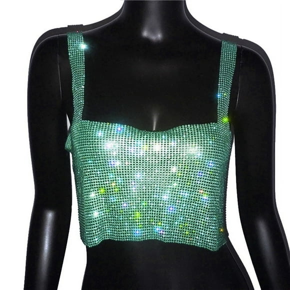 Bling Rhinestones Party Crop Top Fashion Solid Backless Straps Full Diamonds Sequins Cami Cropped Top for Women - Green / S