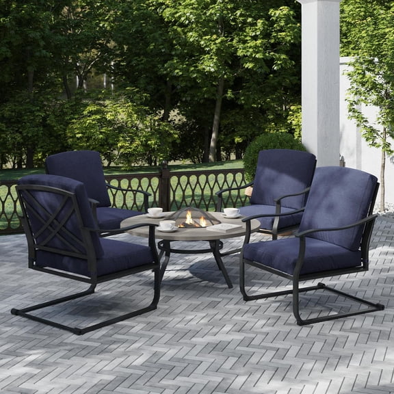 Mainstays Montclair 5-Piece Steel Outdoor Conversation Set with Fire Pit & Cushions, Blue