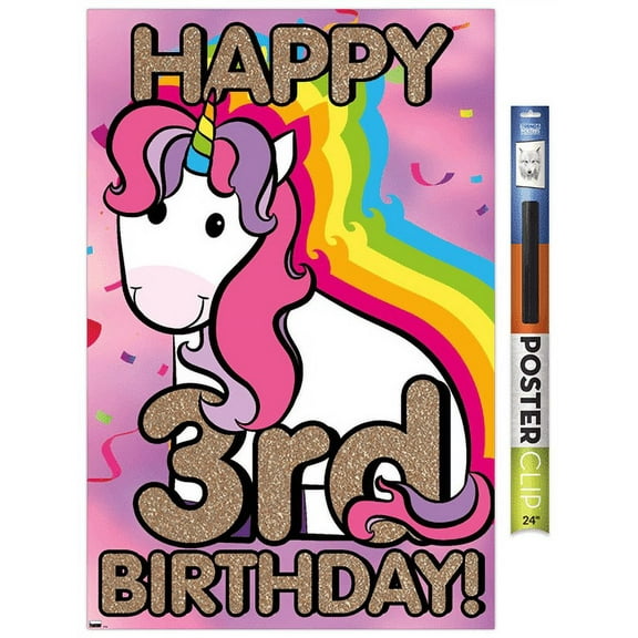 Ellie Ripberger Unicorn - Happy 3rd Birthday Wall Poster, 22.375" x 34"
