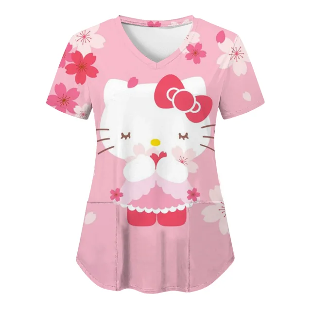 RWJDXD RWJDXD Uniforme d'Infirmière, Blouses Hello Kitty pour Femmes, Imprimé Cartoon, Manches Courtes, Poches, Uniformes Médicaux