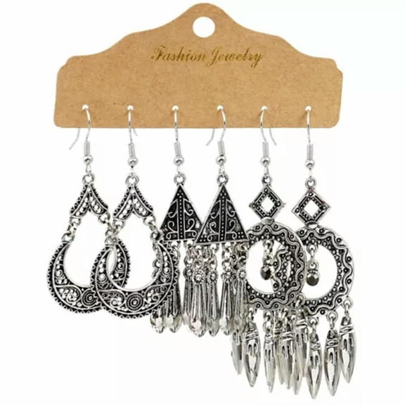 EOEMY Women'S Boho Gypsy Earrings Tribal Ethnic Festival Tassel Ear Hook Drop Dangle-3 Pairs Geometric Tassel Silver