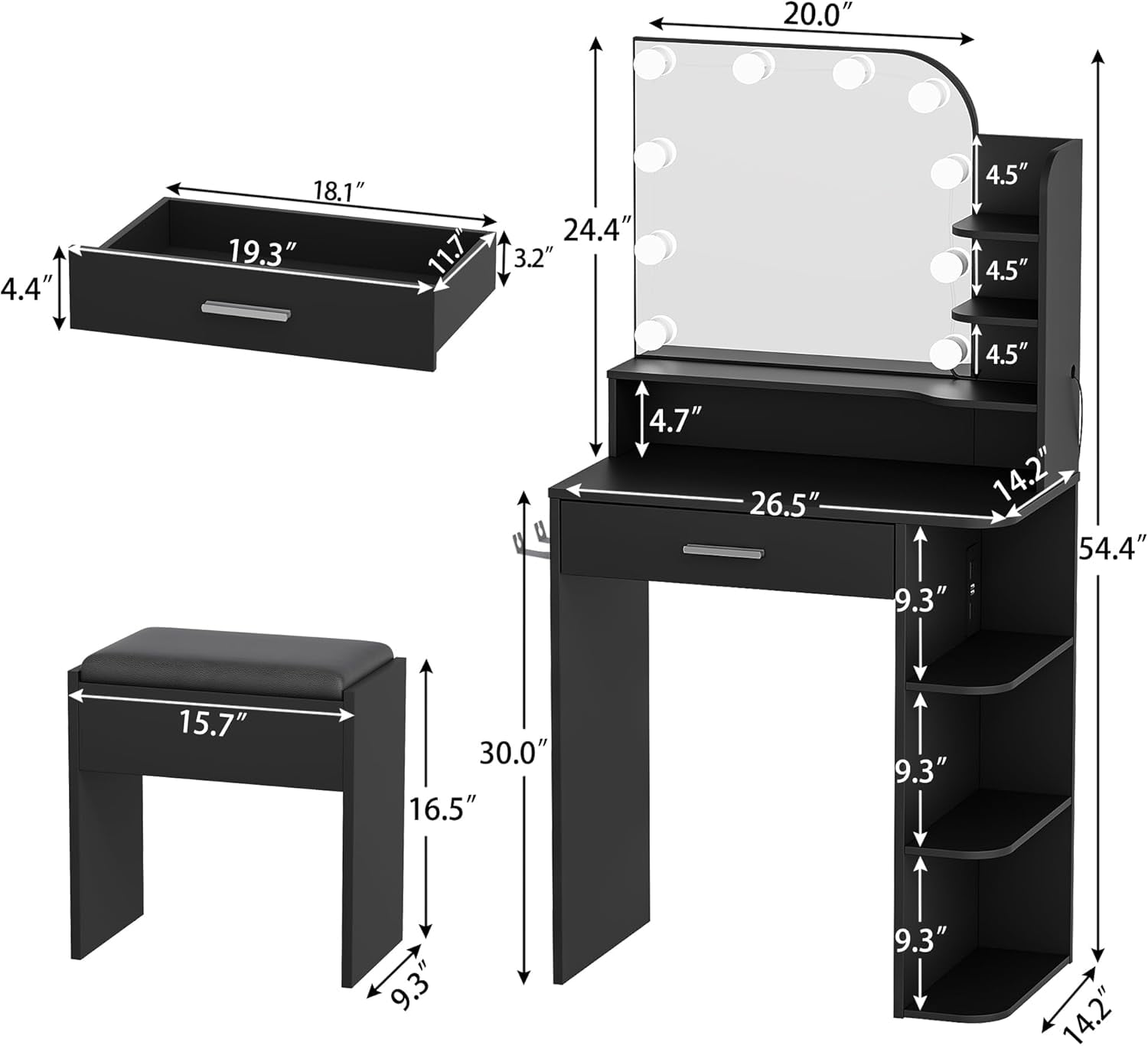 makeapile Makeup Vanity with Chair, Small Vanity Desk with Mirror , Lights 3 Colors and Power Outlet, Compact Vanity Table for Small Space, Black