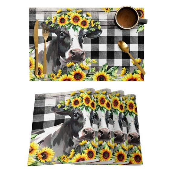 Cow Sunflower Placemats Set of 6 Plant Farm Flower Black White Check Heat Insulation Washable Place Mats, Rustic Non-Slip Table Mats for Dining Table Party Kitchen Decor,13x19 Inch