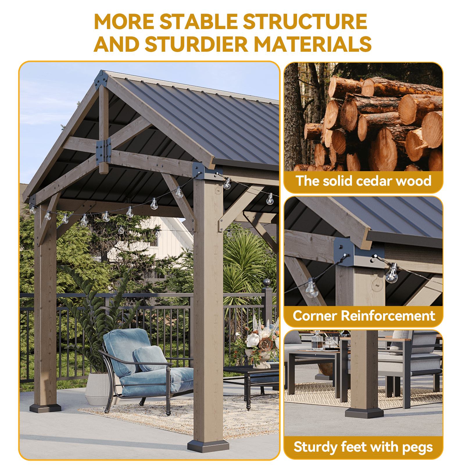 Sunmthink 12' x 20' Outdoor Wood Frame Gazebo, Hardtop Gazebo with Galvanized Steel, Permanent Wooden Pavilion for Patio Backyard Lawn Garden