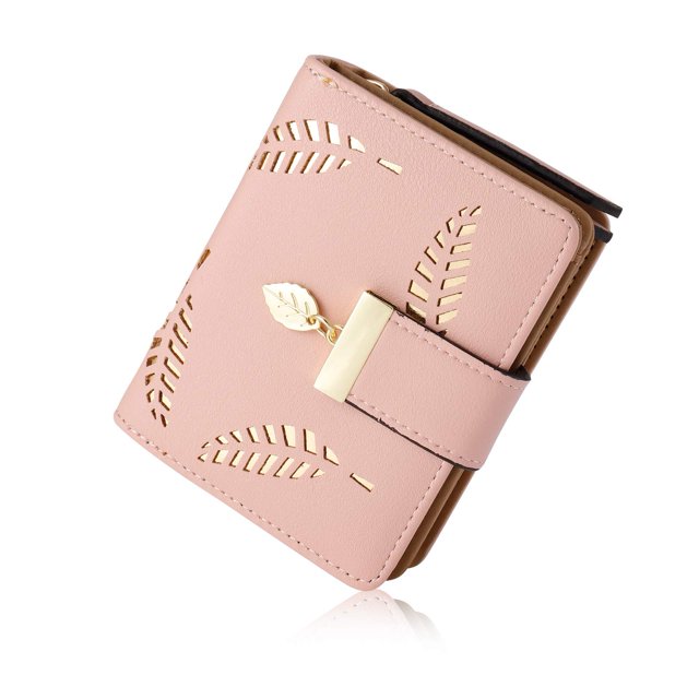 Monedero para mujer, monedero pequeño de cuero plegable para mujer con tarjetero para tarjeta de crédito, identificación y efectivo, monedero vegano con hojas huecas para mujer (rosa)