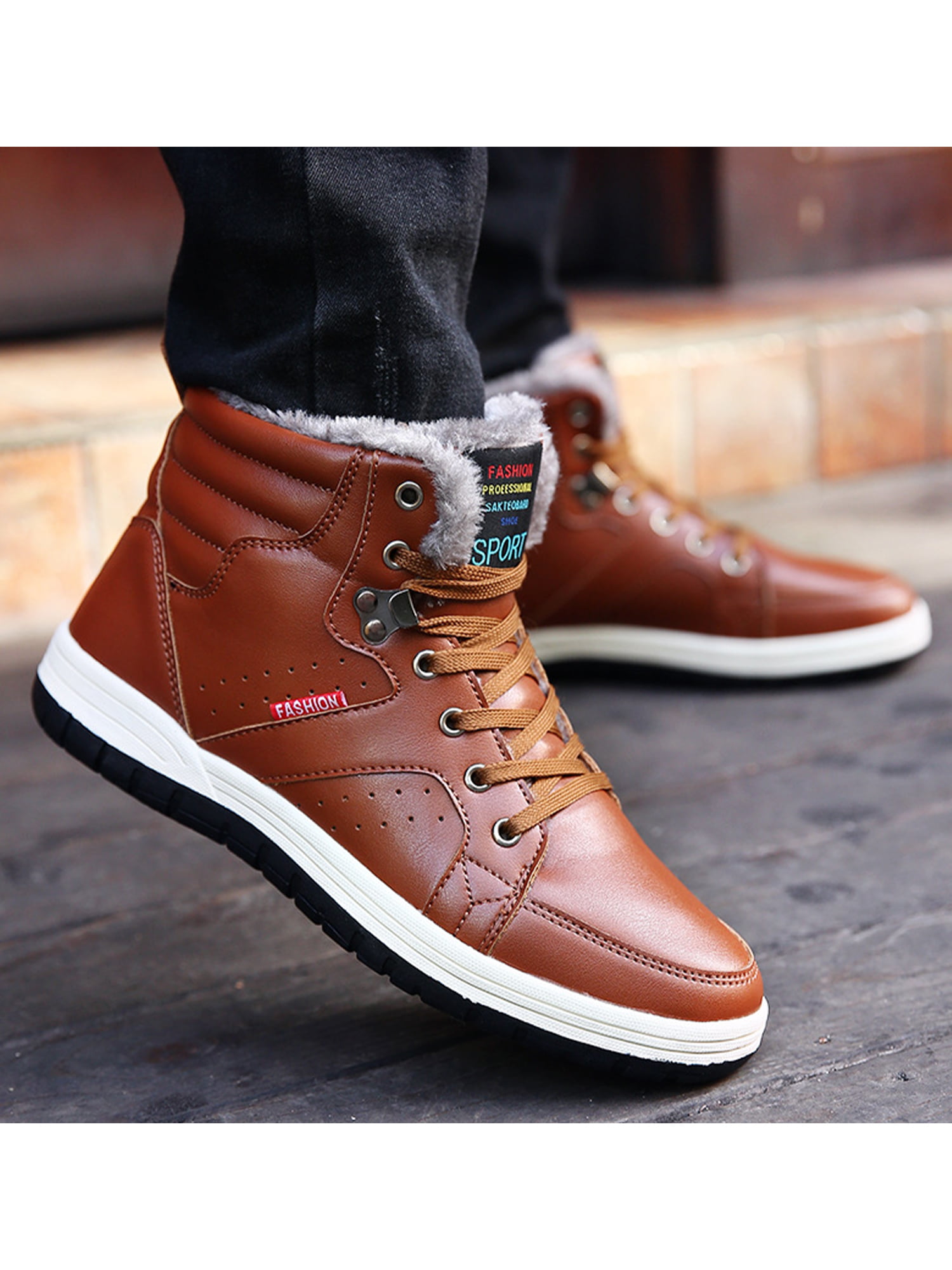 Mens Leather Boots Ankle Sneakers High Top Outdoor Winter Shoes with Fur Lining 