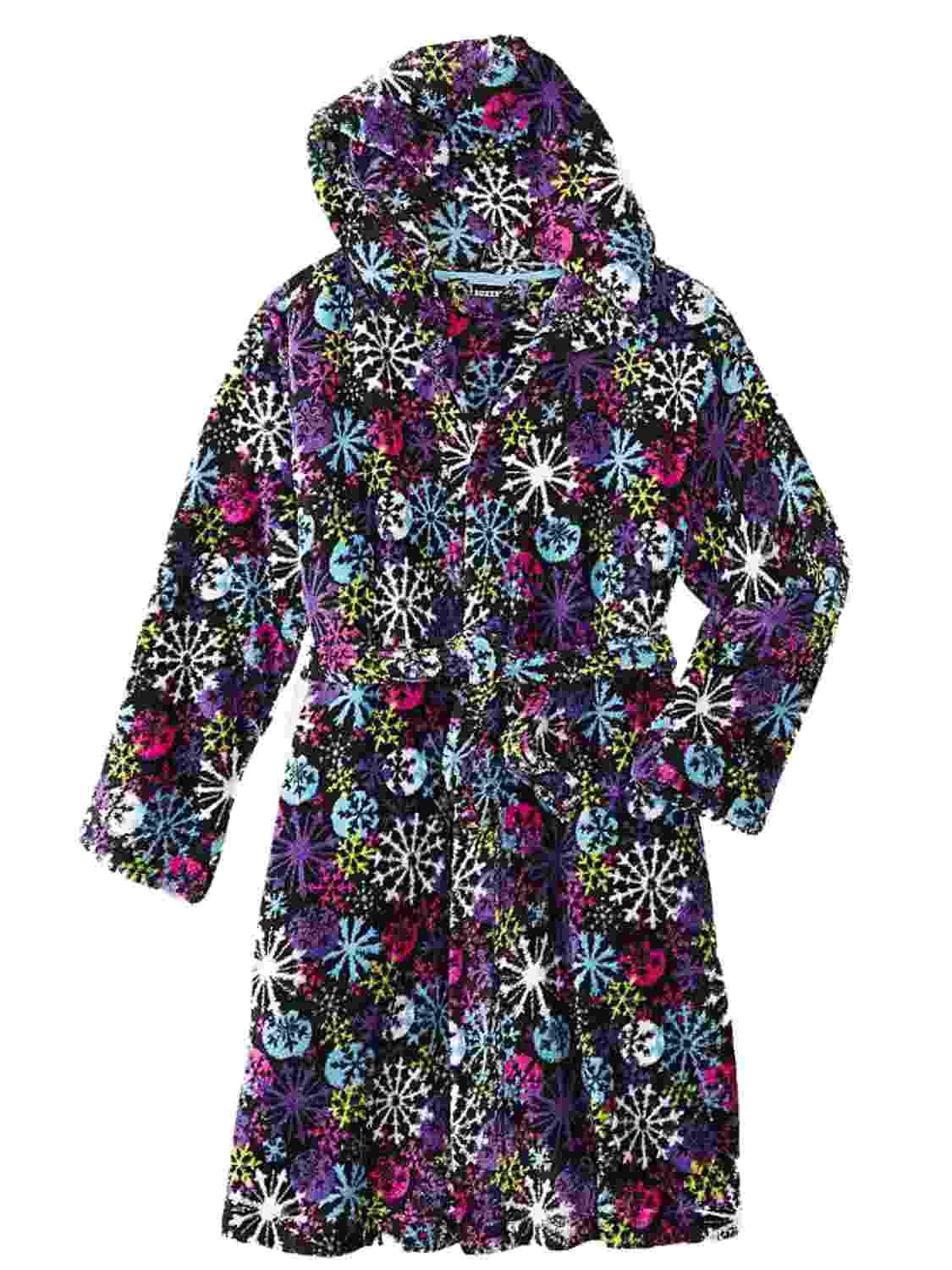 Joe Boxer Girl Black Fleece Snowflake Hoodie Bath Robe House Coat