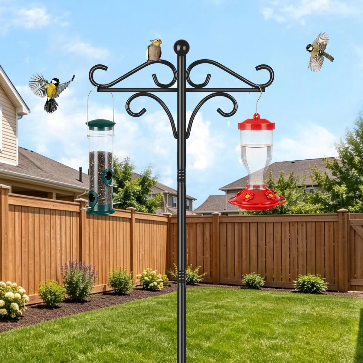 Squirrel Proof Bird Feeder Pole Stand 92 Inch Heavy Duty Shepherd Hooks for Outdoor Hanging Plants and Lights Garden Pole with Double Hooks