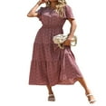 thumbnail image 3 of Robe Midi Boutonnée pour Femmes Manches Courtes Robe de Soleil Imprimé Floral Nœud devant Bohème une Pièce Rouge Vin m, 3 of 6